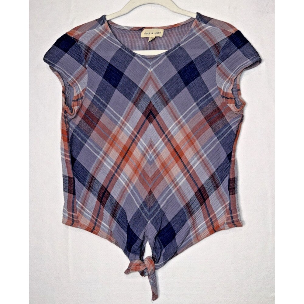 Cloth & Stone Anthropologie Plaid Womens Crinkle Top Sz Sm Tie Bottom Cotton